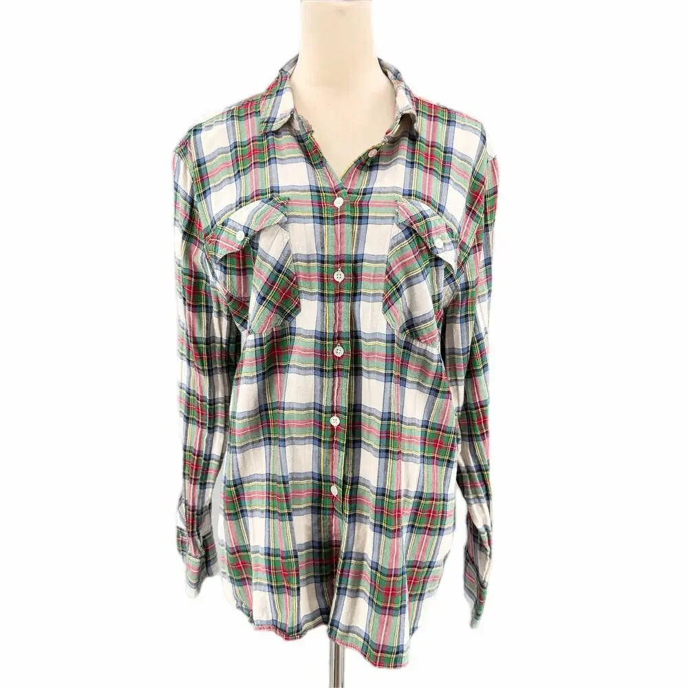 J. Crew Cotton Ivory Blue Green Plaid Plus Tartan Button Down Collared Top
